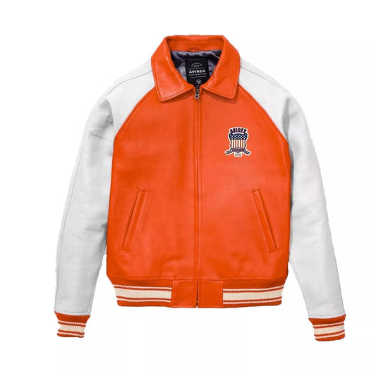 Men’s Avirex Orange White American Flight Jacket – 100% Lamb Leather