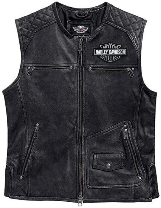 Harley Davidson Men’s Genuine Leather Black Biker Vest Moto Cafe with 4 Front Pockets