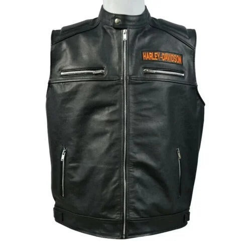 Harley Davidson Men’s Genuine Leather Black Legendary Biker Vest Moto Cafe Racer
