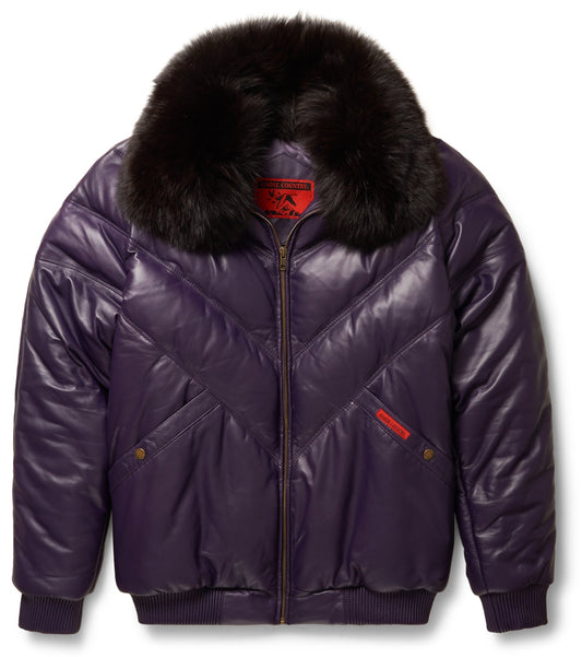 Men V Bomber Jacket in Purple – Interchangeable Fox Fur Collar Style | Leather Elites
