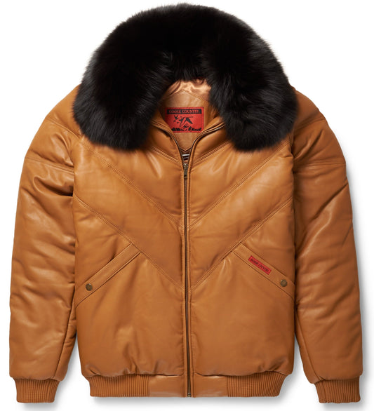 Classic Men Camel V Bomber Jacket Featuring Removable Fox Fur Neck Trim | Leather Elites