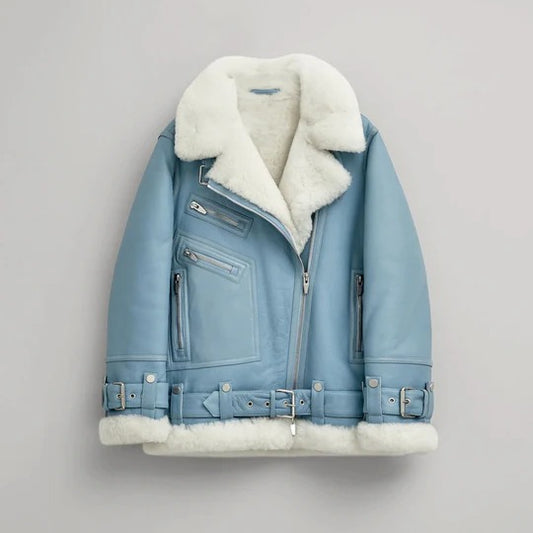 Women's Sky Blue RAF B3 Sheepskin Shearling Aviator Jacket