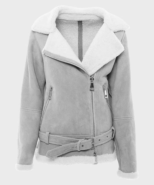Women's Frost Grey Suede Shearling Biker Jacket