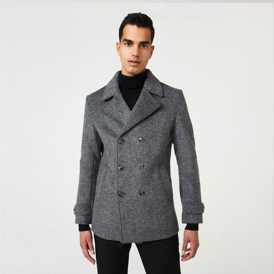 Men Grey Peacoat – Marle Wool-Blend Fleece Style | Leather Elites
