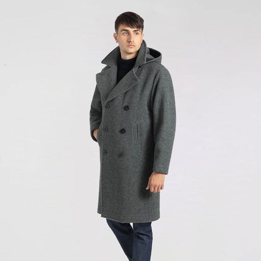 Premium Grey Wool-Fleece Peacoat for Men – Long Style | Leather Elites