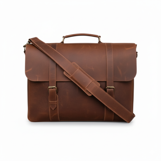 Premium Leather Laptop Bag for men 15.6" Briefcase Tan (Crazy Horse Leather)