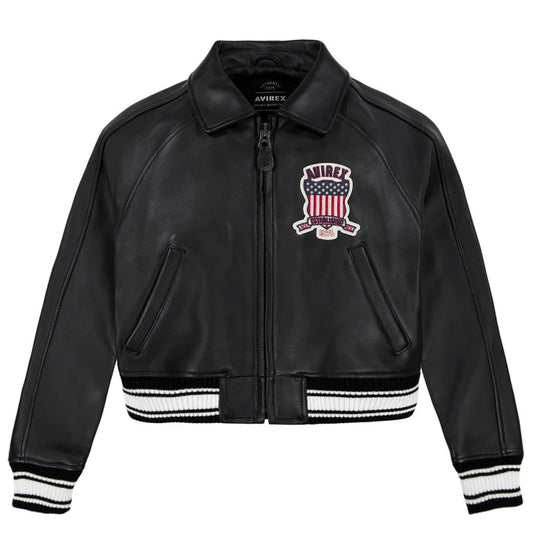Women’s Avirex Simple Jet Black Cropped Leather Jacket