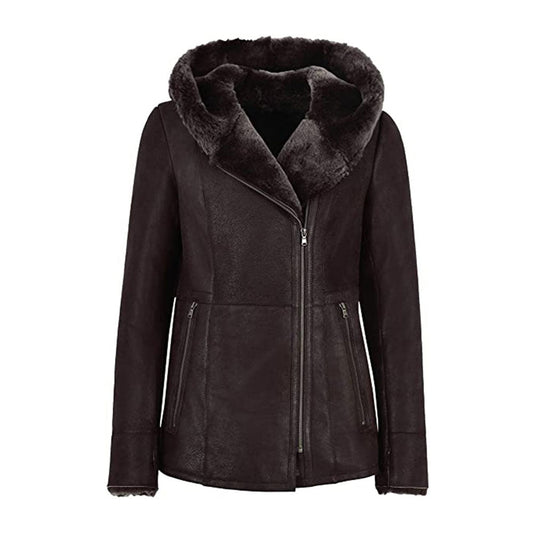 Women Hooded Shearling Fur Long Leather Jacket Leather Elites