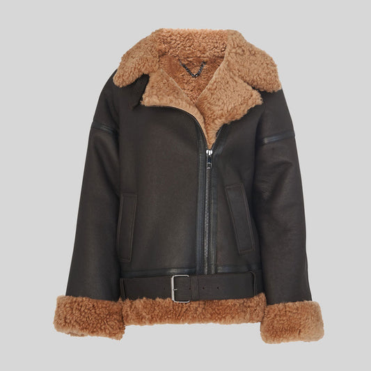 Women Black Shearling Aviator Jacket with Belted Waist – Premium Winter Leather Jacket