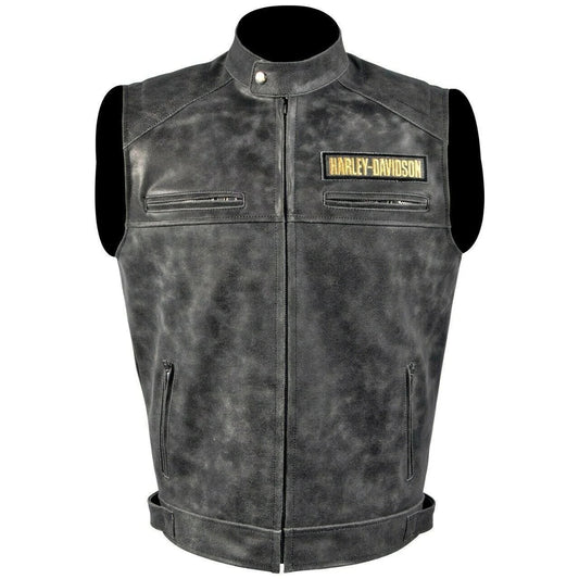Harley Davidson Men’s Genuine Leather Grey Biker Vest with 4 Front Pockets