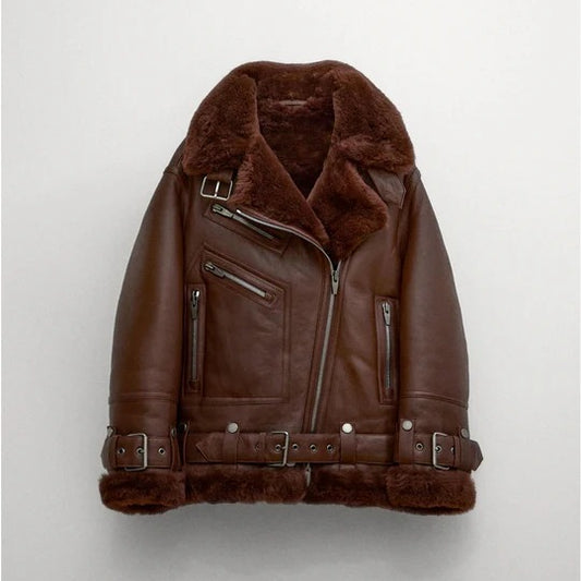Women's Rustic Brown Sheepskin Aviator Jacket