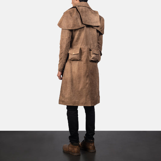 Army-Inspired Brown Sheepskin Leather Long Coat – Duster Style