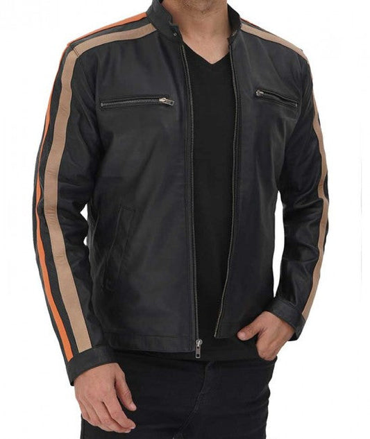 Classic Men Black Leather Café Racer Jacket with Stripes | Leather Elites