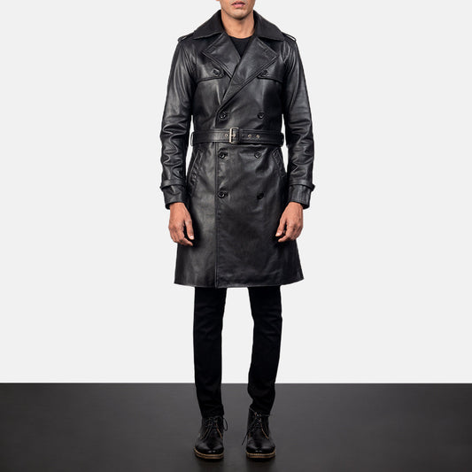 Premium Black Sheepskin Leather Duster Coat for Mens – Belted Style