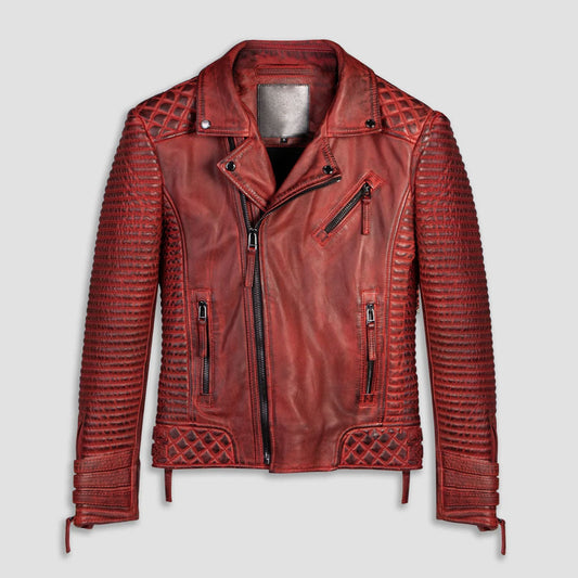 Men Biker Jacket in Red Waxed Genuine Leather – Moto Outerwear | Leather Elites