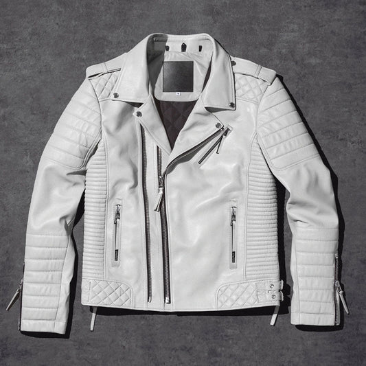 Men Biker Jacket in Pearl White Genuine Leather – Moto Outerwear | Leather Elites