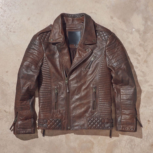Men Biker Jacket in Waxed Brown Genuine Leather – Moto Outerwear | Leather Elites