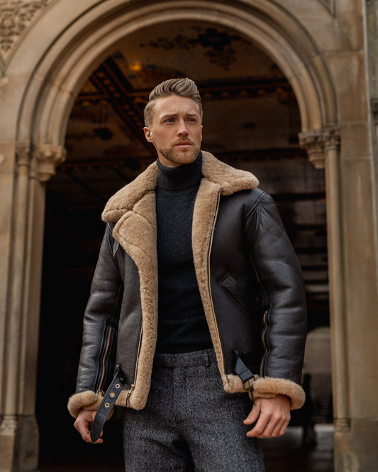 Men RAF B3 Aviator Jacket – Black Belted Flight Leather Design | Leather Elites