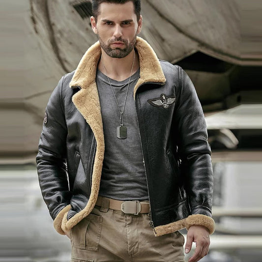 Men Black B3 Leather Aviation Jacket – RAF Aviator Style with Adjustable Belt | Leather Elites