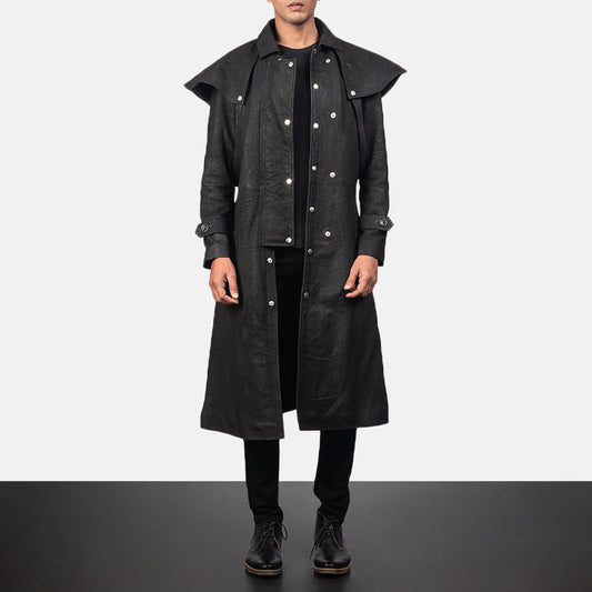 Men Cowhide Leather Studded Duster Coat – Black Gothic Style | Leather Elites