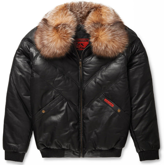 Black V-Style Bomber Jacket for Men – Detachable Crystal Fox Collar Design | Leather Elites