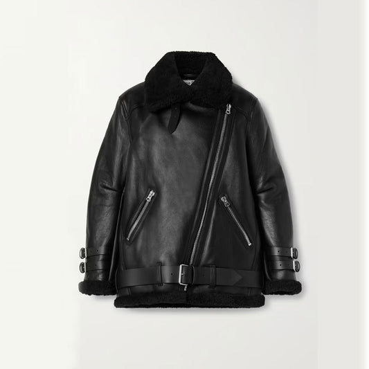Women Black B3 Shearling Leather Biker Jacket with Belted Waist – Leather Elites