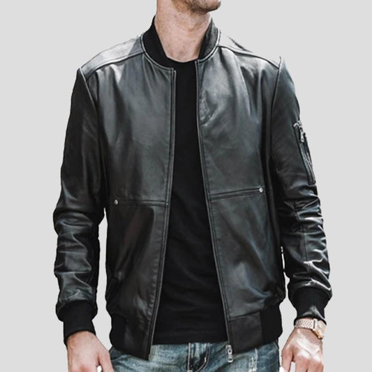 Black Bomber Leather Jacket – Midnight Style with Modern Throat Tab Closure