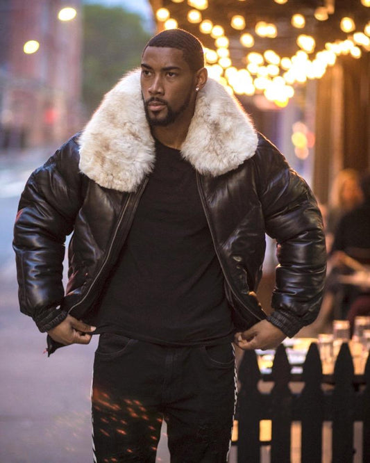 Men Black Bomber with Detachable Fur Collar in Off-White | Leather Elites