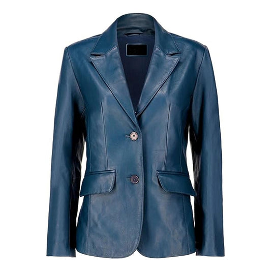 Chloe Two Button Blue Women Leather Blazer