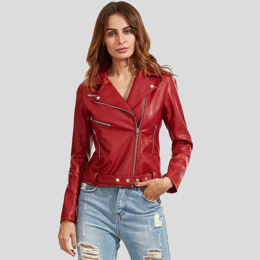 Cora Dashing Red Racer Leather Jacket