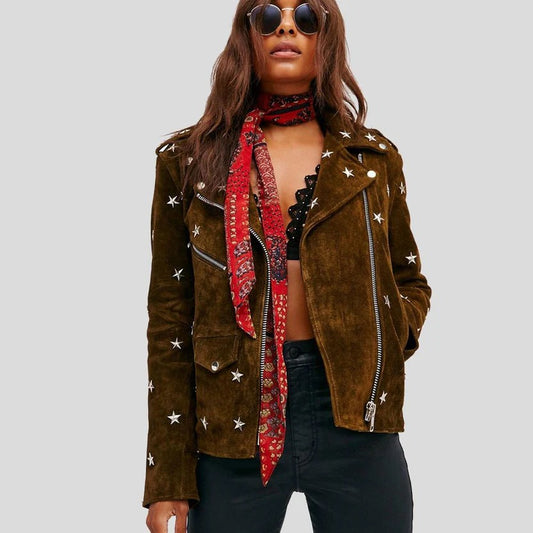 Maya Brown Studded Suede Leather Jacket