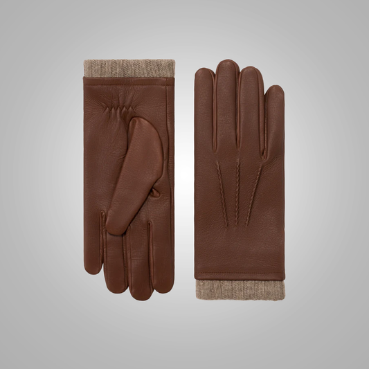 New Men Brown Lining Leather Gloves