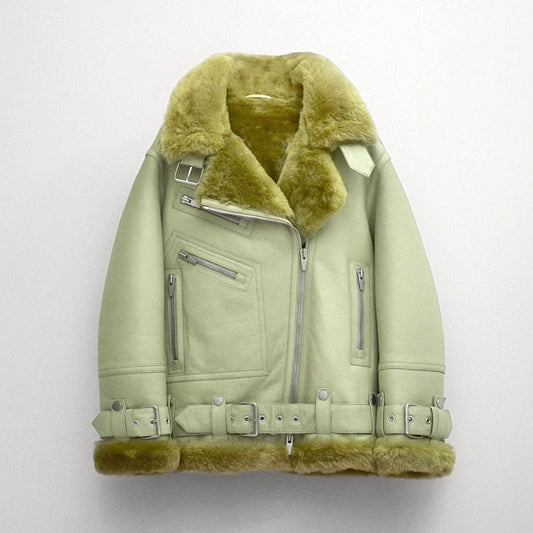 Women Light Green Shearling Leather Jacket