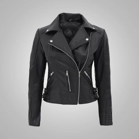 Women Roumel Black Leather Biker Jacket