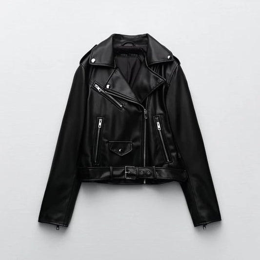 Women's Black Motorcycle Sheepskin Leather Biker Jacket