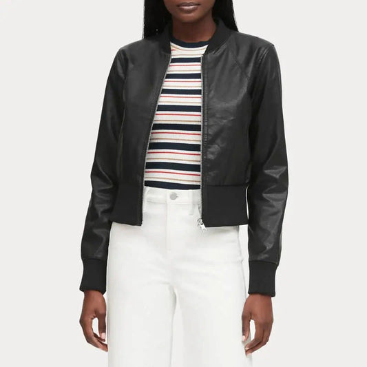 Women's Cropped Ribbed Cuff Black Leather Bomber Jacket