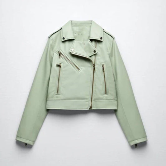 Women's Green Lambskin Riding Leather Biker Jacket