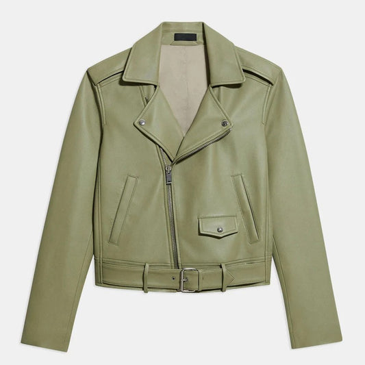 Women's Green Sheepskin Leather Biker Jacket