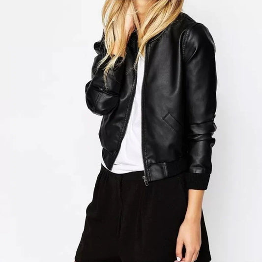 Women's Precise Black Aviator Leather Bomber Jacket