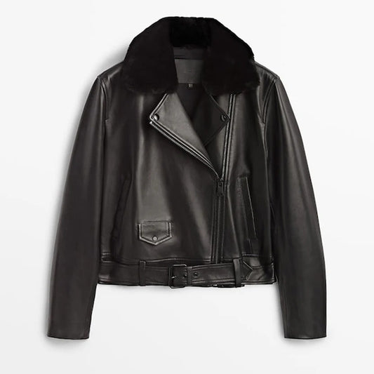 Women's Stout Black Sheepskin Leather Biker Jacket