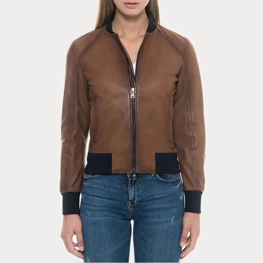 Women's Tan Suede Aviator Leather Bomber Jacket
