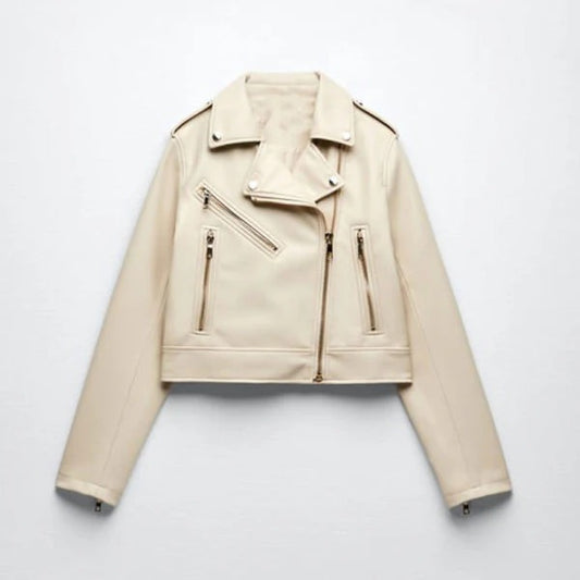 Women's White Sheepskin Motorcycle Leather Biker Jacket