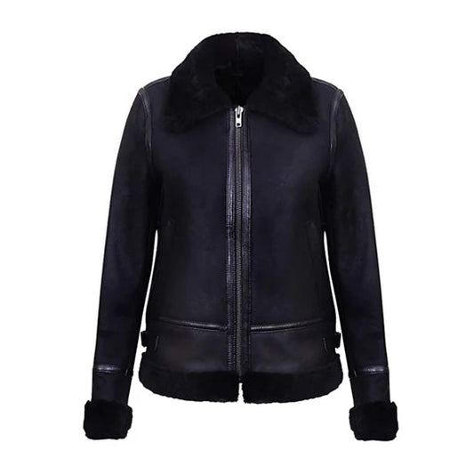Women's Noir Sheepskin Aviator Biker Jacket