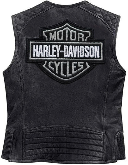 Harley Davidson Men’s Genuine Leather Black Biker Vest Moto Cafe with 4 Front Pockets