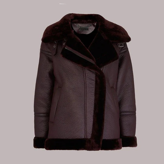 Women's Espresso Faux Shearling Biker Leather Jacket