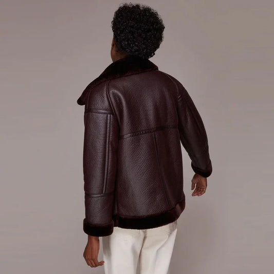 Women's Espresso Faux Shearling Biker Leather Jacket