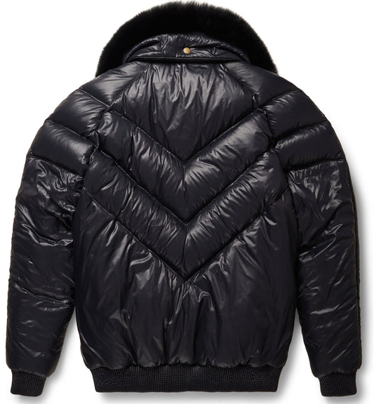 Men V Bomber Jacket in Black Nylon – Interchangeable Fox Fur Collar Style | Leather Elites