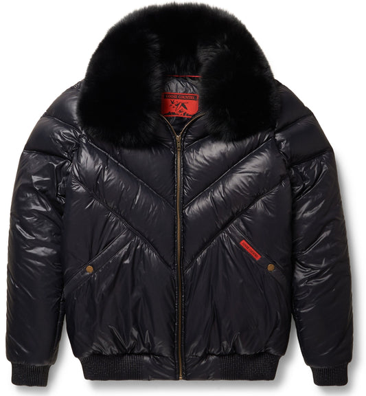 Men V Bomber Jacket in Black Nylon – Interchangeable Fox Fur Collar Style | Leather Elites
