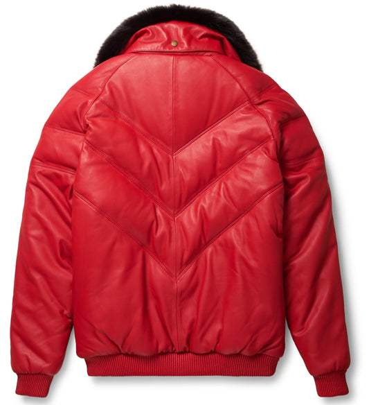 Men V Bomber Jacket in Red – Interchangeable Fox Fur Collar Style | Leather Elites