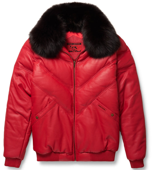 Men V Bomber Jacket in Red – Interchangeable Fox Fur Collar Style | Leather Elites
